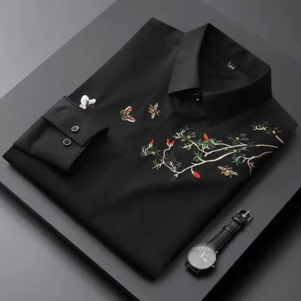 Elegant Chinese Style Embroidered Long Sleeve Men's Casual Shirt Autumn Iron Free Slim Fit Fashionable Top Men's Dress Shirt