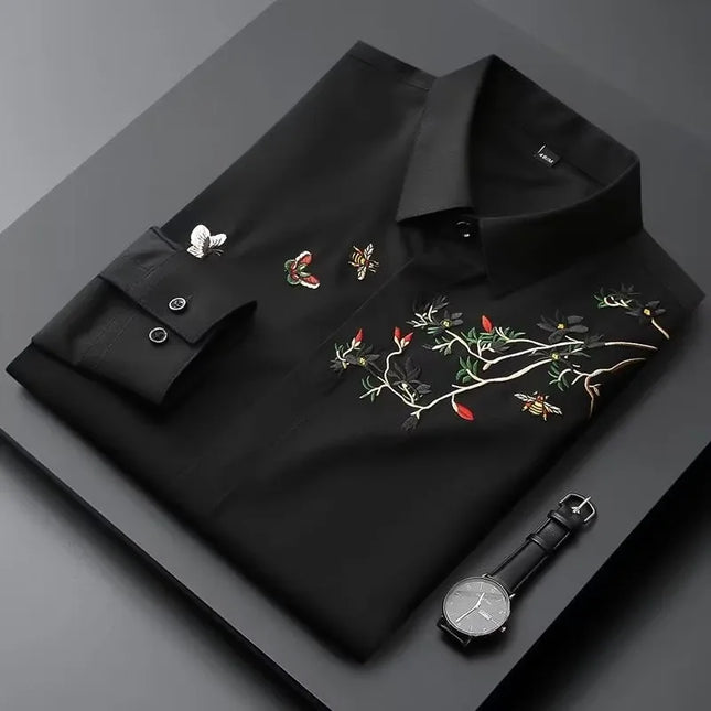 Elegant Chinese Style Embroidered Long Sleeve Men's Casual Shirt Autumn Iron Free Slim Fit Fashionable Top Men's Dress Shirt