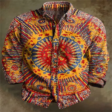 New psychedelic mandala 3D printed men's shirt with colorful gradient collar and long sleeved casual shirt