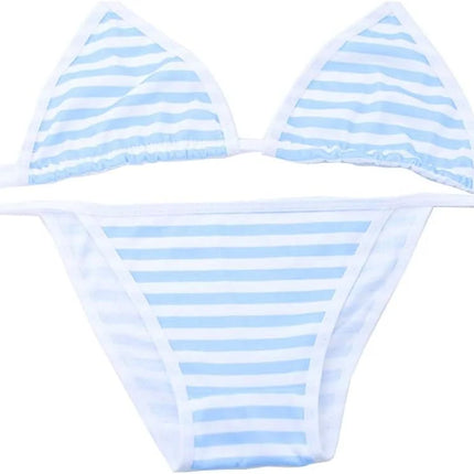 Japan Sexy Lingerie Lolita Kawaii Blue Pink White Striped Mini Bikini  Bra Underwear Lace-up Sweet Style Set Adult Cosplay Set