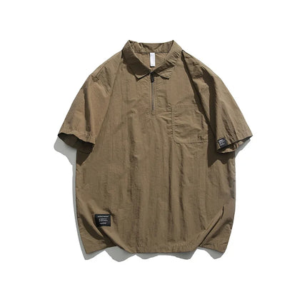 Retro Outdoor Men's Short-Sleeved T-Shirt with Half-Zip: Sun-Protective, Loose-Fitting, Quick-Drying and Breathable