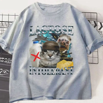 Lactose Intolerant Funny Cat Meme Print T-Shirt Women Retro Fashion Short Sleeve T-shirts Casual Summer Women Clothing