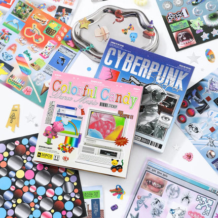 Cyberpunk-themed Die-Cut Sticker Book, 30/60 Sheets, DIY Decorative Journal, Phone Case Collage, Aesthetic Stationery Stickers