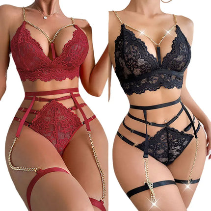 Sexy Set New Woman Lingerie Burgundy Garter Belt Underwear With Leg Rings Female Intimates Erotic 3 Piece Sets Lace Bra Panties