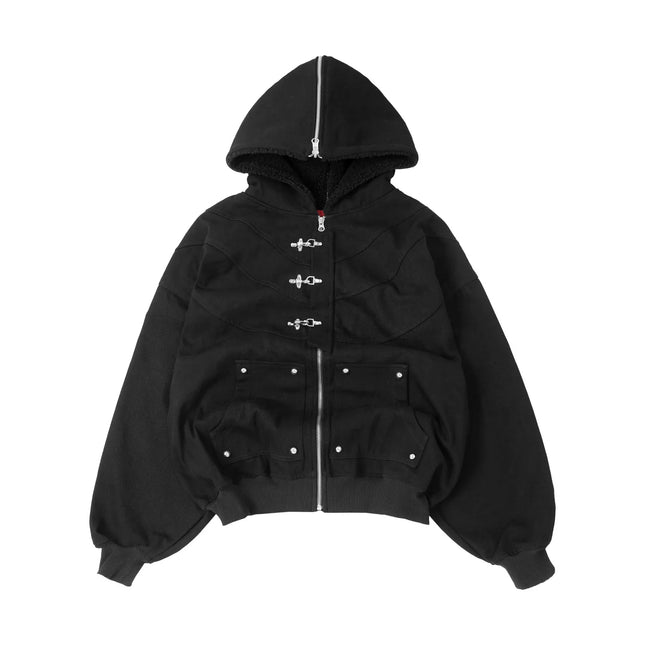Black Hooded Jacket with Zipper And Metal Buckle Wool Lined Warm Casual Streetwear Loose Work Pants Winter Fashion Set