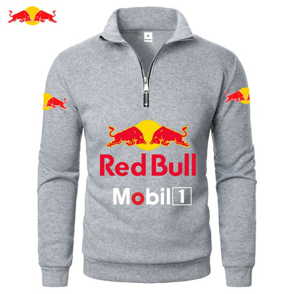Red Bull Men's Sports Zipper Stand Collar Hoodie Youth Sweatshirt Solid Color Fashion Half-Zip Pullover Basic Warm Sportswear