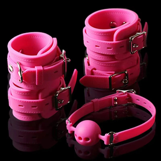 Pure silicone hand ankle cuffs open mouth gag adult games slave bdsm fetish sex toys for couples handcuffs gag ball bondage kit