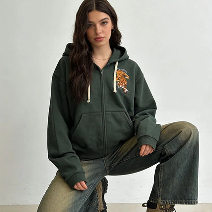 Men's and women's zippered hoodies, dark green tiger patterned hoodies, sportswear, casual streetwear, vintage tops, Spring and