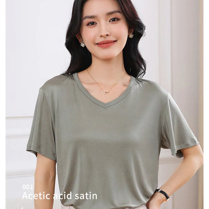 2026 Summer New Women's T-shirt V-neck Knitted Women's Short Sleeve High end Acetate Fiber White Fashion Women's Top