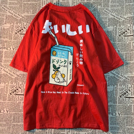 Cute Japanese Cat Print Oversized T-shirt Women Men Short Sleeve Loose Casual Tee Shirt Streetwear Tops Harajuku Clothing