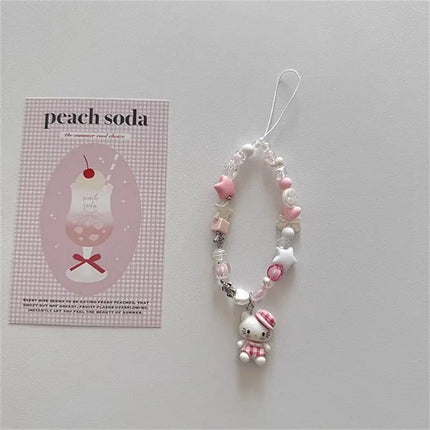 Hello Kitty Phone Chain Cute 3D Cat Bead Phone Chain Short Wristband Hanging Accessories CCD Camera Versatile Hanging Rope