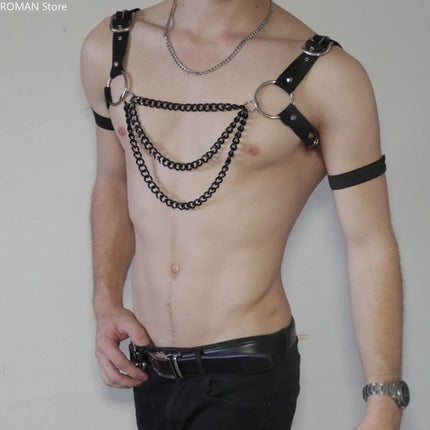 Punk Fashion Harness Men PU Leather Fetish Adjustable Caged Metal Body Chain Gay Clothing Suspenders Rave Belt Gothic Style