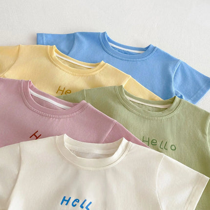 2026 New Summer Kids Clothes Cute Cartoon Patch Short Sleeve T-shirt 0-5Y Girls Boys Letter Print Casual Soft Undershirt