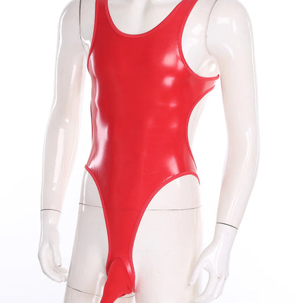 Mens Sexy Patent Leather Backless Tank Leotard Wet Look Sleeveless Sheath Bulge Pouch High Cut Bodysuit for Nightclub Pole Dance
