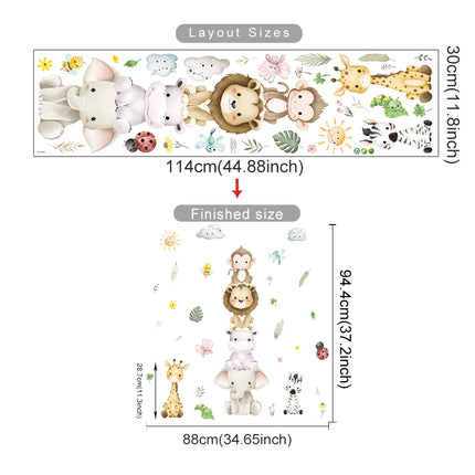 Cartoon Cute Africa Animals Leaves Wall Stickers Watercolor Elephant Giraffe Monkey Kids Room Kindergarten Home Decoration