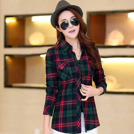 Slim Fit Plaid Long Sleeve Women's Shirt Qiang Yixuan Brand Autumn New Korean Version Cotton Button-Up Shirt