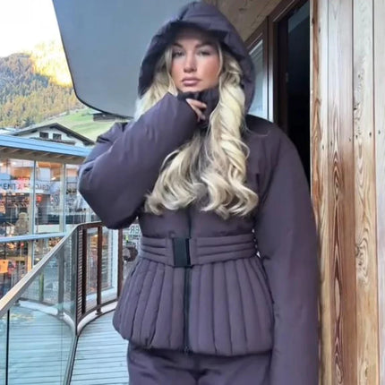 Women Peplum Ski Jackets Hooded Stand Collar Belt Waist Zipper Solid Puffer Jacket Fashion Sheath Warm Sport Winter 2025 Skiwear
