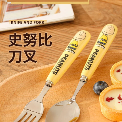 Genuine 2Pcs Cute Cartoon Snoopy Stainless Steel Spoon Ceramic Handle Spoon Fork Children's Tableware