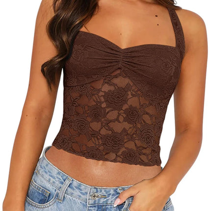 Spring/Summer 2025 New Arrival Women's Y2K Style Sleeveless Lace-Trimmed Fitted T-Shirt Lace-Tie Plain-Colour Tank Top