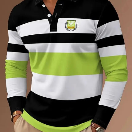 The new men's long-sleeved POLO shirt for Spring and Autumn 2025 is casual fashionable and comfortable with 3D striped printing