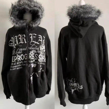 Autumn Gothic American Retro Zipper Hoodie Jacket Women Embroidery Letter Design Sweatshirt Harajuku 2000s Warm Tops Clothes