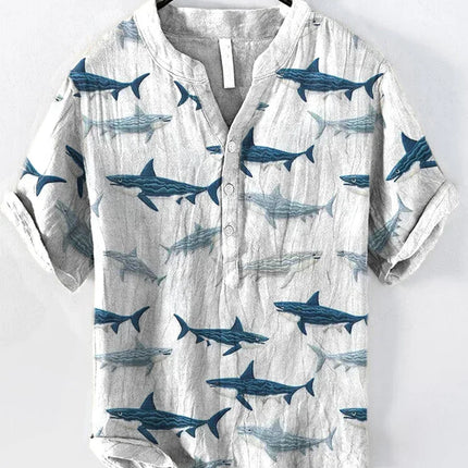 Men's Summer V-neck Art Print Men's Short Sleeve T-shirt 2024 Summer Fashion Urban T-shirt Men's V-neck Henry Shirt