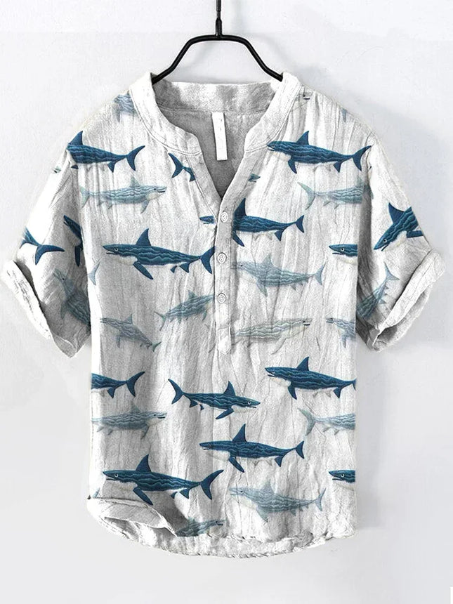 Men's Summer V-neck Art Print Men's Short Sleeve T-shirt 2024 Summer Fashion Urban T-shirt Men's V-neck Henry Shirt