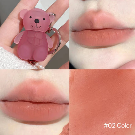 Cute Bear Velvet Lip Mud Keychain Matte Nude Red Lip Gloss Autumn Winter Non-stick Cup Lipstick Waterproof Lasting Lips Makeup