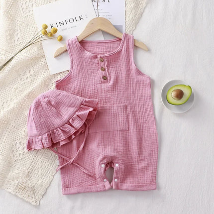 2Pcs/Set Baby Summer Clothing Solid Newborn Infant Romper With Hat Muslin Cotton Sleeveless Baby Boys Girls Jumpsuit Outfits
