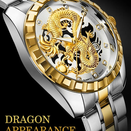 WLISTH Men's Watch 3D Golden Dragon Original Quartz Watch for Men Dragon Dial Waterproof Luminous Date Stainless Steel Watches