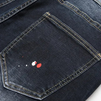 Men y2k Stretchy Denim jeans Ripped Skinny Letter Print elastic waist Casual pants for men Hole Slim Fit Denim Hip Hop Trousers