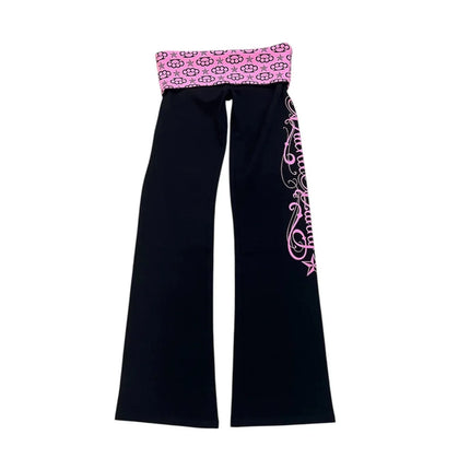 Y2K Sweet and Cool Black Pink Flared Pants Waist-Head Printed Decorated Slim-Fitting Trousers Side Cursive Print Casual Pants