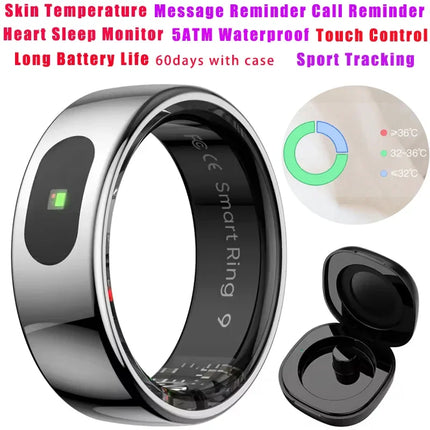 Smart Ring with Skin Temperature Measure,Message Call Reminder,Sport Health Sleep Monitor,IP68 5ATM,Music Video Control Function