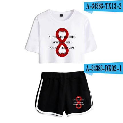 Youthful Black White After We Collided Girl Dew navel Two Piece Set Sexy Short Sleeve Crop T-shirts+Shorts Pants Tracksuit