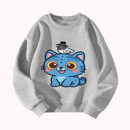 Cute Blue Cat with Hat Print Kids Sweatshirt Toddler Boys Girls Casual Long Sleeve Pullover Autumn Winter Clothes