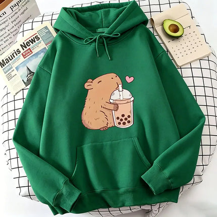 Funny Kawaii Bubble Tea Capybara Hoodie Women/Men Aesthetic Graphic Hoodies Unisex Autumn Winter Harajuku Pullovers Sweatshirts