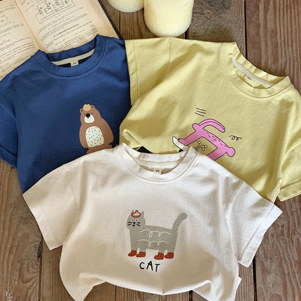 2025 Summer Short Sleeve T Shirt Girls Cartoon Bear Cat Print Casual T-Shirts For Boys Cotton Tops Children Kids Clothes 2-7Yrs