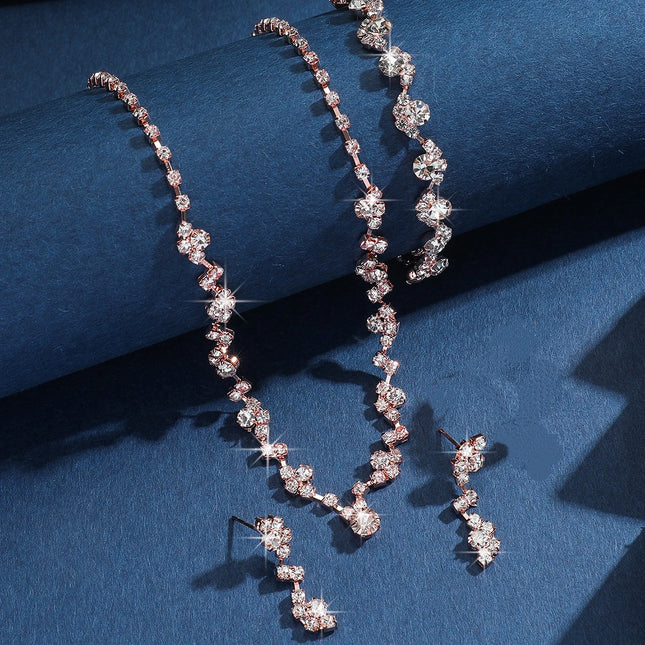 2025 Trendy Rose Gold Star Jewelry Set 3pcs (Necklace Bracelet Earrings) Sparkle Crystal Choker for Women Party Daily Outfits