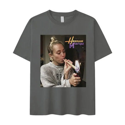 Miley Cyrus Funny Smoking T Shirt Hannah Montana Aesthetic Vintage T-shirt Men Women Summer Oversized Cotton Tshirt Tops Clothes