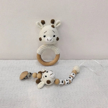 Baby Rattle Crochet Bear Teether Rattle With Bells Pacifier Chain Newborn Montessori Educational Toy Wooden Rings Baby Toys