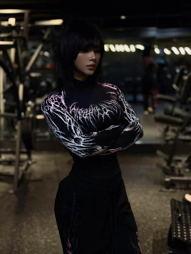Couple Style Gothic Style Tight Fitting High Elasticity Fitness Half Height Collar Quick Drying Breathable Long Sleeved Shirt