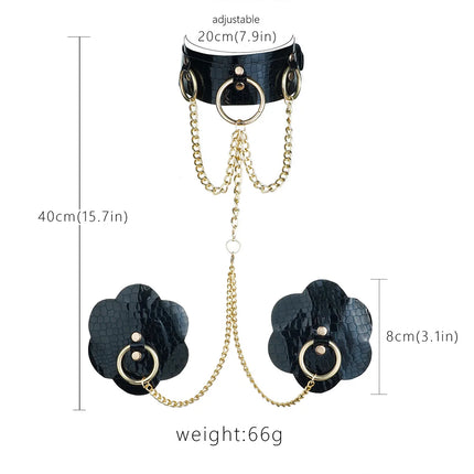 Sexy Body Chain Erotic Accessories For Women Pu Leather Nipple Cover Reusable With Choker Metal Chain Linked Nipple Pasties