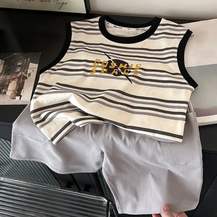 2026 Summer Sport Style Boys Clothing Set Letter Pattern Tank Top+Cargo Shorts 2Pcs Clothes Stripe Children Suit