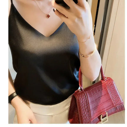 2026 Spaghetti Strap Top Women Halter V Neck Basic White Cami Sleeveless Satin Silk Tank Tops Women's Summer Camisole Crop Top