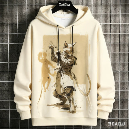 Japanese Samurai Cat Print Men's Hoodies Autumn and Winter Comfortable Loose Pullover Fashion Casual Sweatshirts Street Clothes