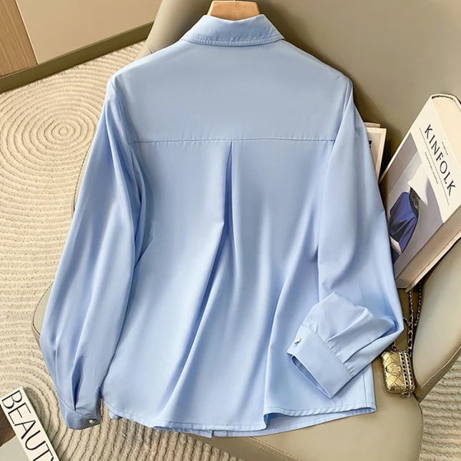 2026 Long-sleeved Lapel Plus Size Shirt New Korean Version Loose Temperament Profession Blouse Solid Hidden Button Down Shirts