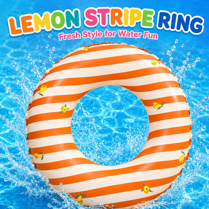 Inflatable Swim Ring ,Orange Striped Lemon Print Pool Floats Tube, Summer Water Toy for Adults Beach Pool Party