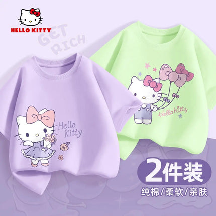 (2 Pieces Per Pack) Sanrio Summer Baby Girls 100% Cotton Clothes Kid Children Girl Hello Kitty Printed T-shirts Short Sleeve Top