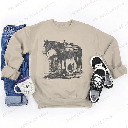 Women Oversized Sweatshirt, Cowgirls Horse & Dog Print Crew Neck Sweatshirts Casual Long Sleeve Plus Size Hoodless Pullovers