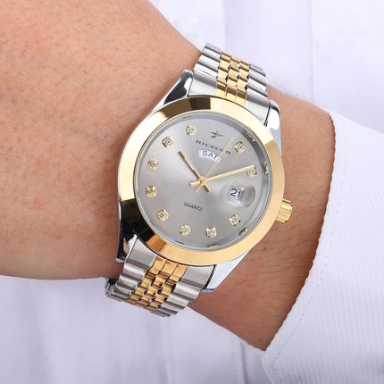 Men's quartz wristwatch with color blocked metal strap, diamond inlaid dial, dual calendar display design, light luxury texture,